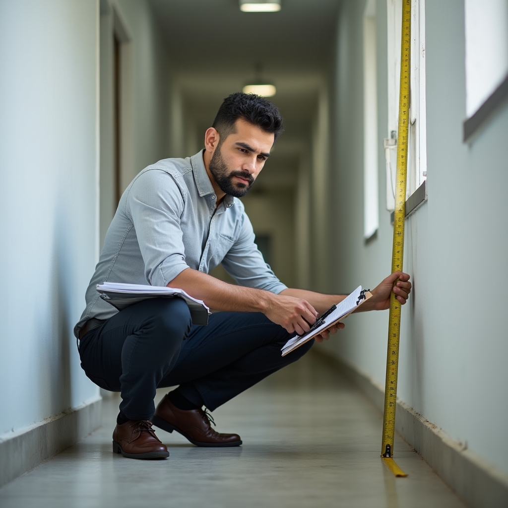 Accessibility consultant measuring corridor width with measuring tape during building inspection