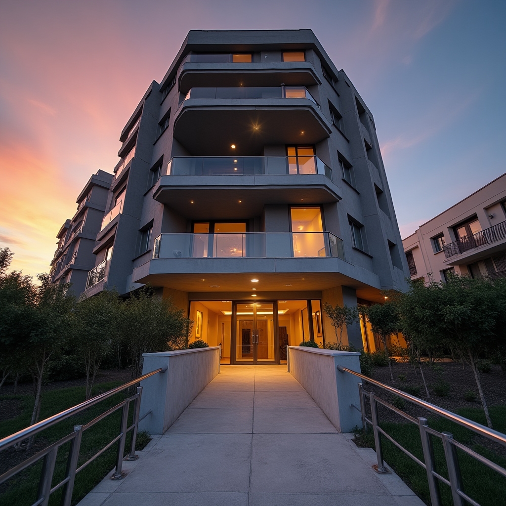 Modern residential building entrance with accessible ramp and wide corridors in Santiago Chile