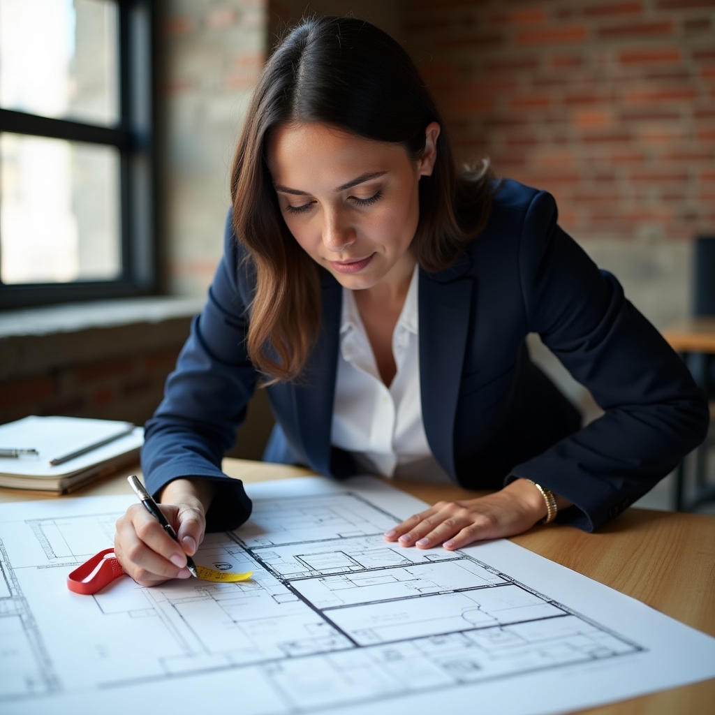 Accessibility consultant reviewing architectural plans at a residential building in Chile